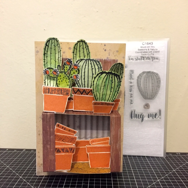 Stuck on You Potting work bench card. Work bench & background created with CTMH Urban papers, Stuck on you cactus stamped onto watercoloured paper.