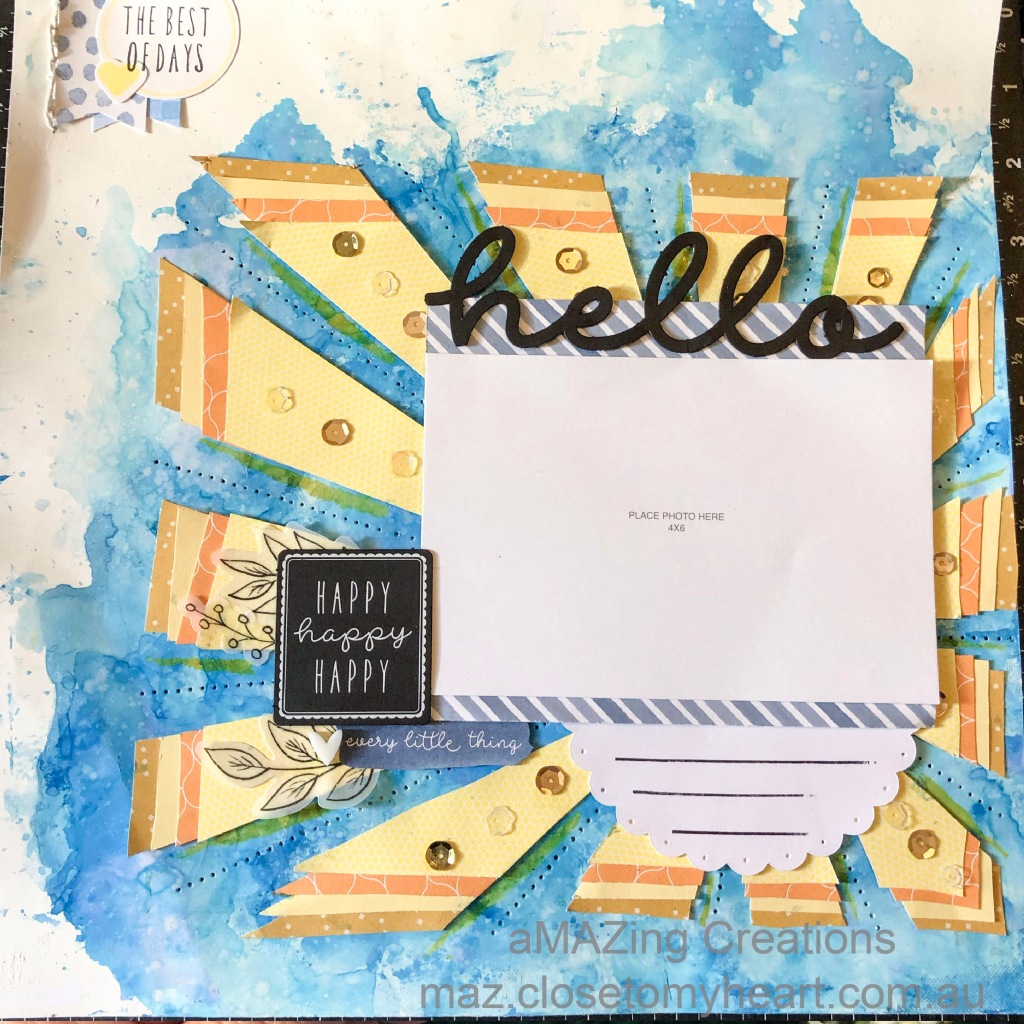 Hello Happy Scrapbook Layout using the Sun Overlay #M3F370 Close To My Heart - Artbooking #ctmh